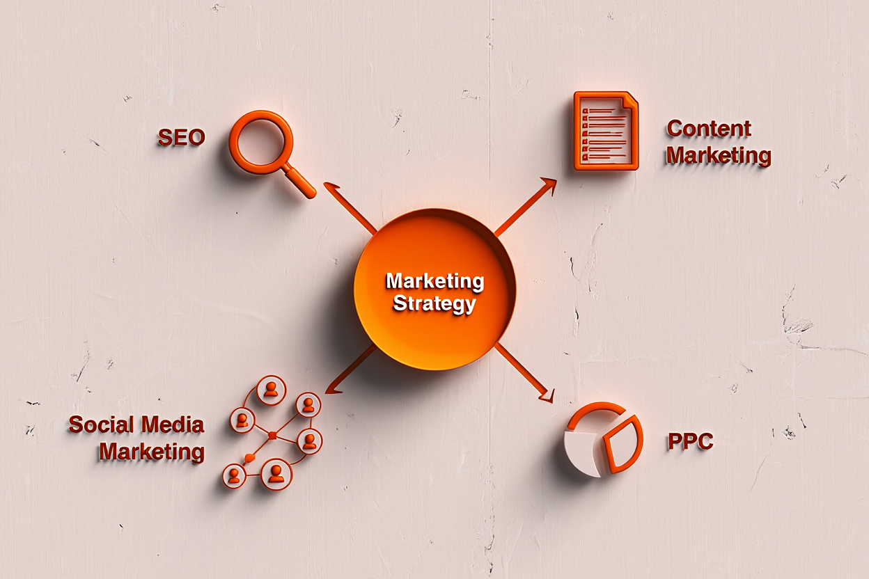 A clear infographic with a central hub labeled 'Marketing Strategy' and four spokes leading to icons for SEO, Content Marketing, Social Media Marketing, and PPC.